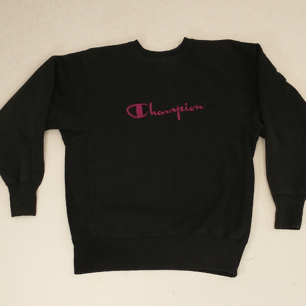 Vintage USA Made Sweatshirt XL Champion Black Reverse Weave 90% Cotton 48" Chest